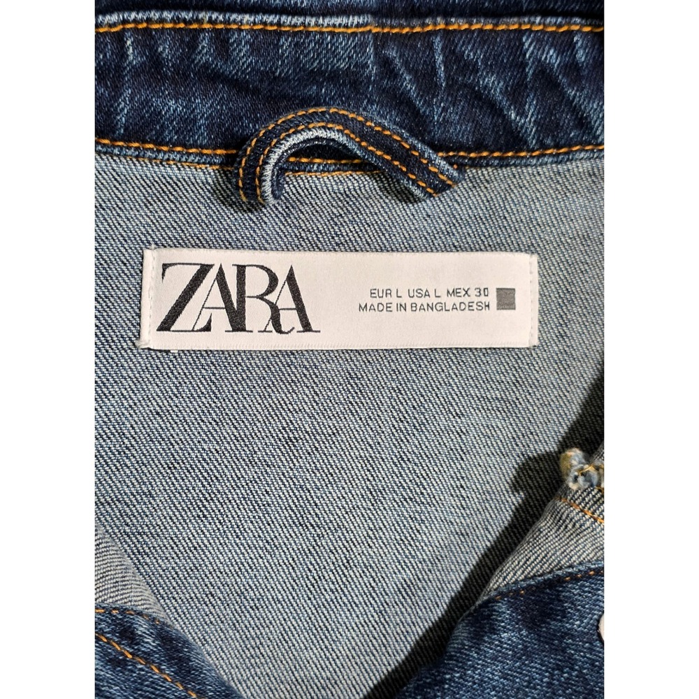 Zara Denim Jacket Womens L BlueDistressed Raw Hem Trucker - Picture 8 of 9